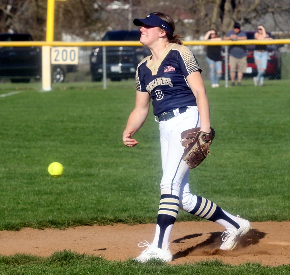 Elmira Notre Dame's Olivia Switzer pitched a four-hitter in a 9-1 win over Thomas A. Edison in softball April 12, 2023 at Notre Dame High School.