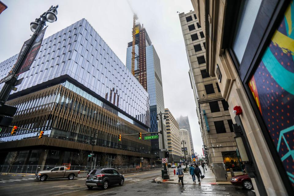 The Hudson Site skyscraper reaches its full height at 1208 Woodward Ave. and is the second tallest building in downtown Detroit, on Thursday, April 11, 2024.