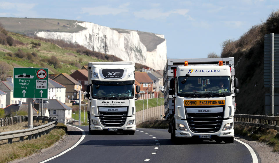 Lorries drive up A20 in Kent after arriving at the Port of Dover. Hauliers travelling to England from outside the UK for visits lasting more than two days will be tested for coronavirus from April 6. Hauliers, including drivers and crew of heavy goods vehicles and vans, will need to be tested within 48 hours of arriving and then every three days. Picture date: Tuesday April 6, 2021. (Photo by Gareth Fuller/PA Images via Getty Images)