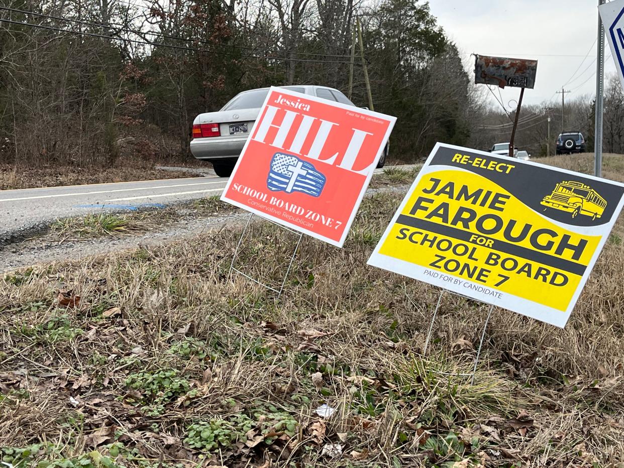 Campaign signs for Wilson County's Zone 7 school board candidates Jessica Hill and Jamie Farough.