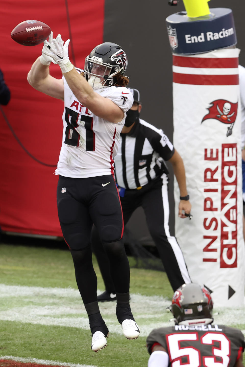 Atlanta Falcons tight end Hayden Hurst (81) catches a touchdown pass against the Tampa Bay Buccaneers during the second half of an NFL football game Sunday, Jan. 3, 2021, in Tampa, Fla. (AP Photo/Mark LoMoglio)