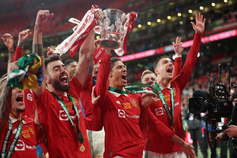 Manchester United celebrate winning the cup last season. (Getty Images)