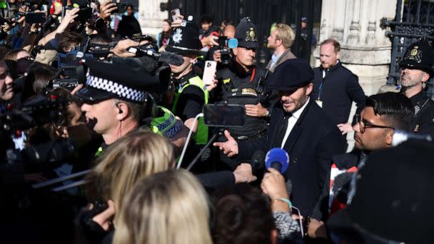 PHOTO: David Beckham speaks to the media after paying his respects to Queen Elizabeth lying in state, following her death, in London, Sept. 16, 2022. (Tom Nicholson/Reuters)