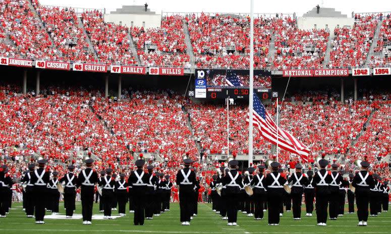 The Ohio State Marching Band plays ahead of a Buckeyes football game against Miami (OH).