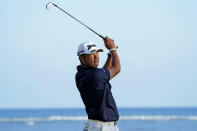 Hideki Matsuyama, of Japan, plays his shot from the 17th tee during the second round of the Sony Open golf tournament, Friday, Jan. 14, 2022, at Waialae Country Club in Honolulu. (AP Photo/Matt York)