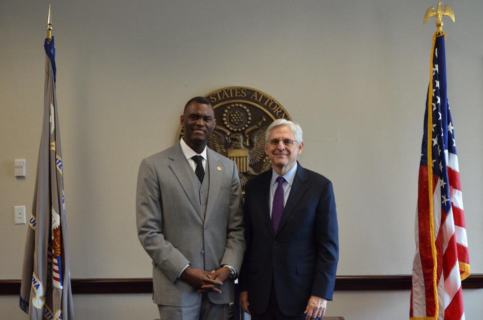 Attorney General Merrick Garland, right, visited the U.S. Attorney’s Office for the Southern District of Florida in Miami on Oct. 19, 2023. During the visit, Garland held a roundtable meeting with U.S. Attorney Markenzy Lapointe, on left, and several local law enforcement partners.