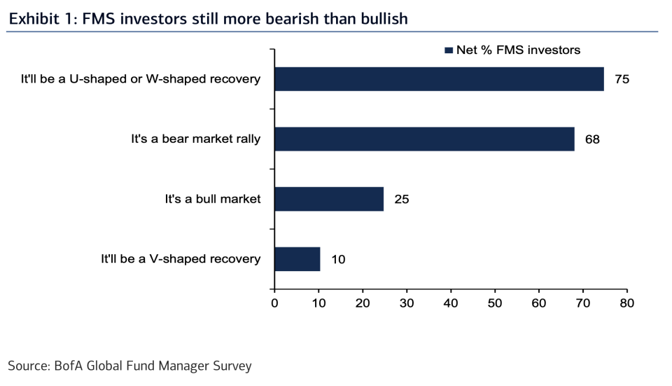 The vast majority of investors surveyed by Bank of America are still looking at the current market rally with skepticism, according to the firm's latest fund manager survey. (Source: Bank of America Global Research)