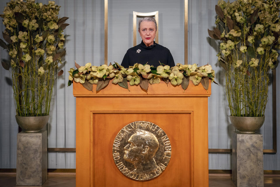 Nobel Committee chair Berit Reiss-Andersen makes a statement at the Nobel Institute as part of the digital award ceremony for this year's Peace Prize winner, the World Food Program (WFP), in Oslo, Norway, Thursday Dec. 10, 2020. Reiss-Andersen makes a statement in Oslo as part of the Nobel Peace Prize digital award ceremony and an acceptance speech will be made by WFP Executive Director David Beasley in Rome, Italy. (Heiko Junge / NTB via AP)
