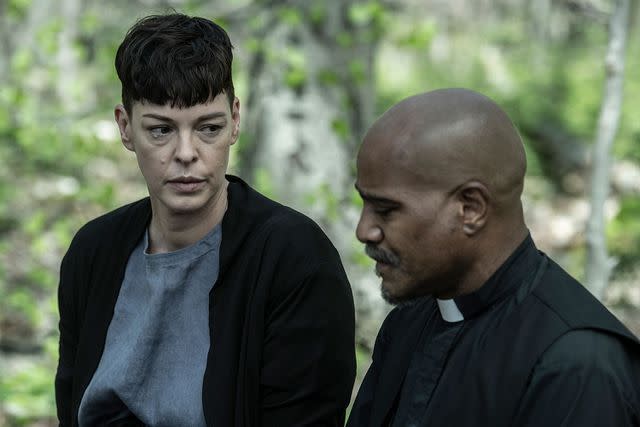 <p>Gene Page/AMC</p> Pollyanna McIntosh as Jadis and Seth Gilliam as Father Gabriel Stokes on 'The Walking Dead: The Ones Who Live'