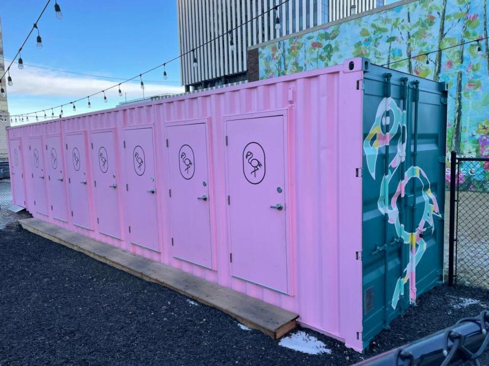 This trailer-style washroom was set up at 100th Street and 104th Avenue last year.  (Anne Stevenson - image credit)