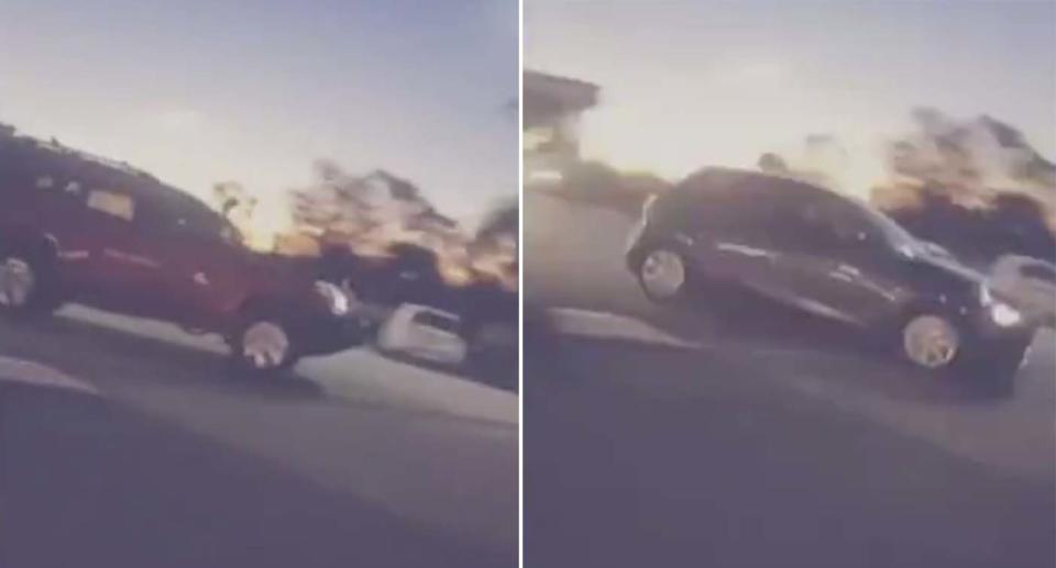 Stills from a witness' mobile phone footage shows the red 4WD in pursuit of the hatchback in Redbank Plains. 