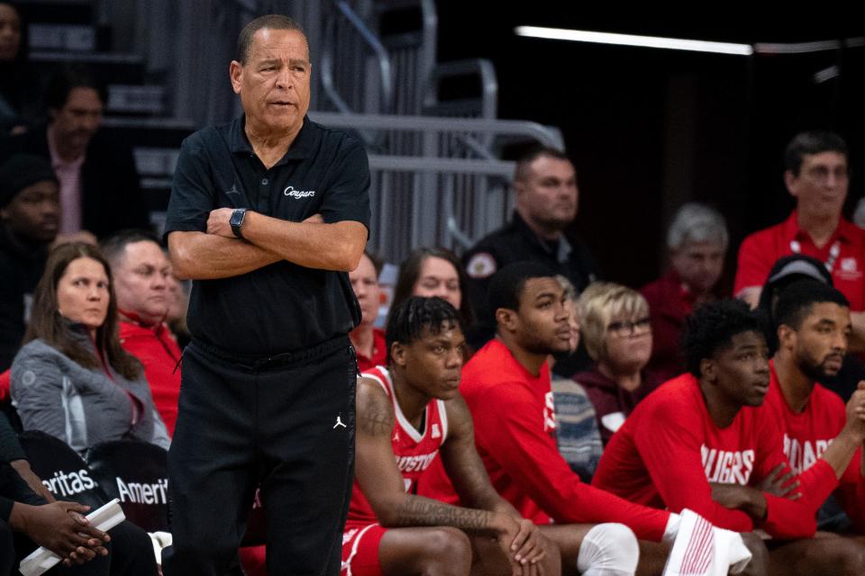 Houston Cougars head coach Kelvin Sampson looks on in the first half of the NCAA men’s basketball game at Fifth Third Arena in Cincinnati on Sunday, Jan. 8, 2023.