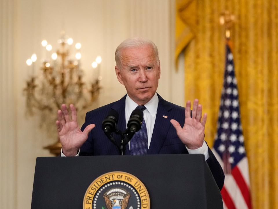 WASHINGTON, DC - AUGUST 26: U.S. President Joe Biden speaks about the situation in Afghanistan in the East Room of the White House on August 26, 2021 in Washington, DC. At least 12 American service members were killed on Thursday by suicide bomb attacks near the Hamid Karzai International Airport in Kabul, Afghanistan.