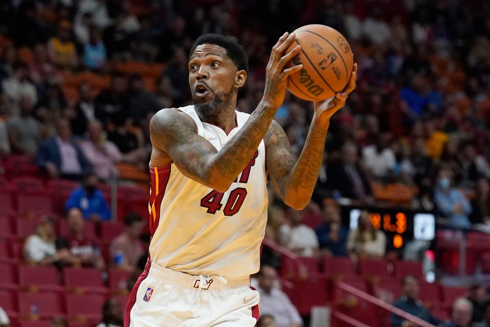 FILE - Miami Heat forward Udonis Haslem drives to the court during the first half of an NBA basketball game against the Sacramento Kings, March 28, 2022, in Miami. Haslem, 42, announced Sunday, Aug. 21, 2022, that he is returning to the Heat for a 20th season. (AP Photo/Marta Lavandier, File)