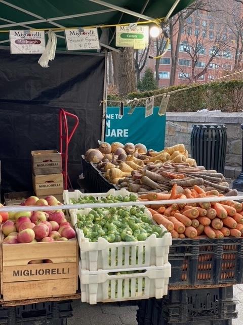 Vegetables are displayed at the Union Square Farmers Market in New York on Jan. 8, 2021. Carrots, parsnips and other root vegetables are the stars of the farmers' market during the middle of Winter, and a great way to add variety and nutrition to your cold weather meals. (Katie Workman via AP)