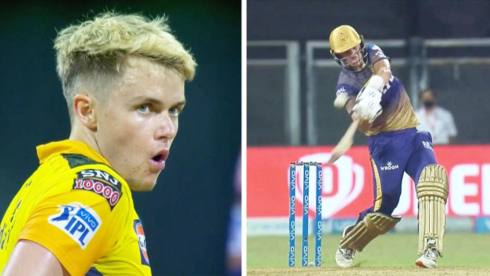 Pat Cummins (pictured right) hitting a six off a shocked Sam Curran (pictured left).