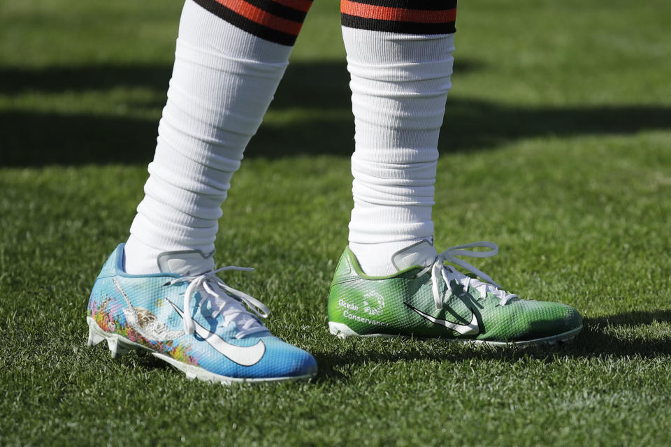 Cleveland Browns running back D'Ernest Johnson wears special My Cause My Cleats shoes before an NFL football game against the Tennessee Titans Sunday, Dec. 6, 2020, in Nashville, Tenn. (AP Photo/Ben Margot)