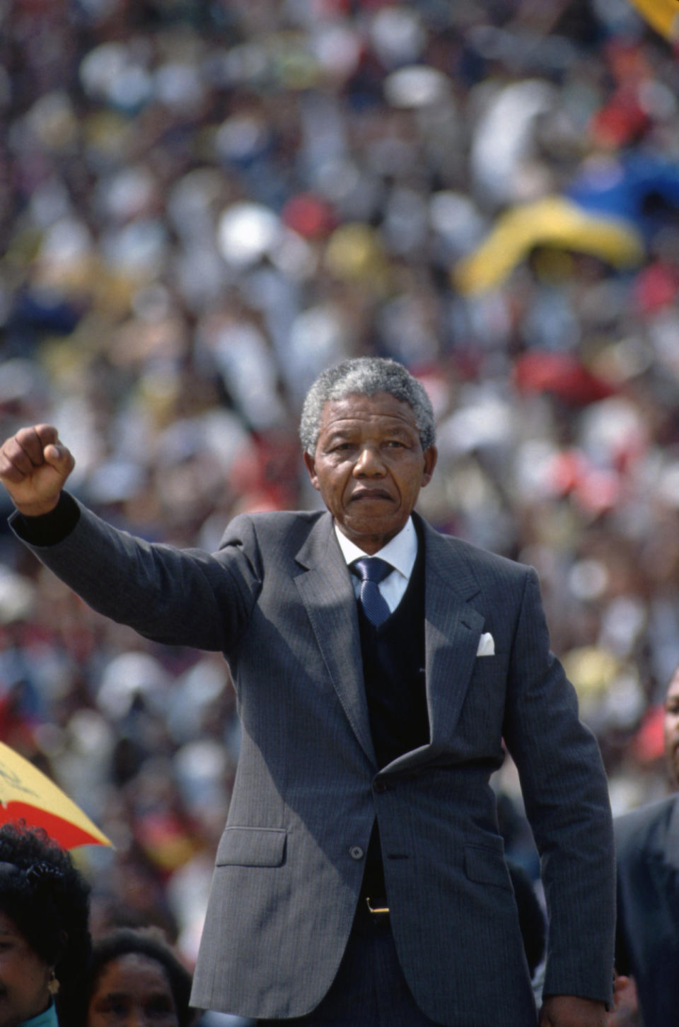 Nelson Mandela Raising Fist to Crowd