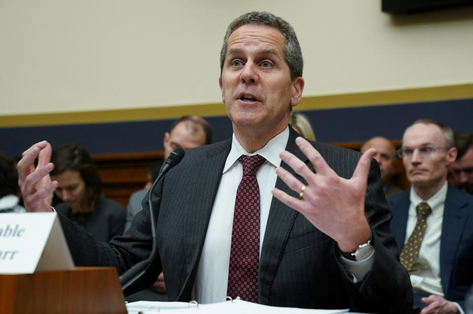 Federal Reserve Board Vice Chair for Supervision Michael Barr testifies before a House Financial Services Committee hearing on the response to the recent bank failures of Silicon Valley Bank and Signature Bank, on Capitol Hill in Washington, U.S., March 29, 2023.  REUTERS/Kevin Lamarque