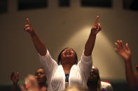 <p>Marselle Ball gathers with other residents at Jones High School, June 12, 2016, in Orlando, Fla. (Jacob Langston/Orlando Sentinel via AP) </p>