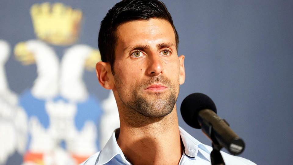 Novak Djokovic is pictured during a press conference in Serbia.