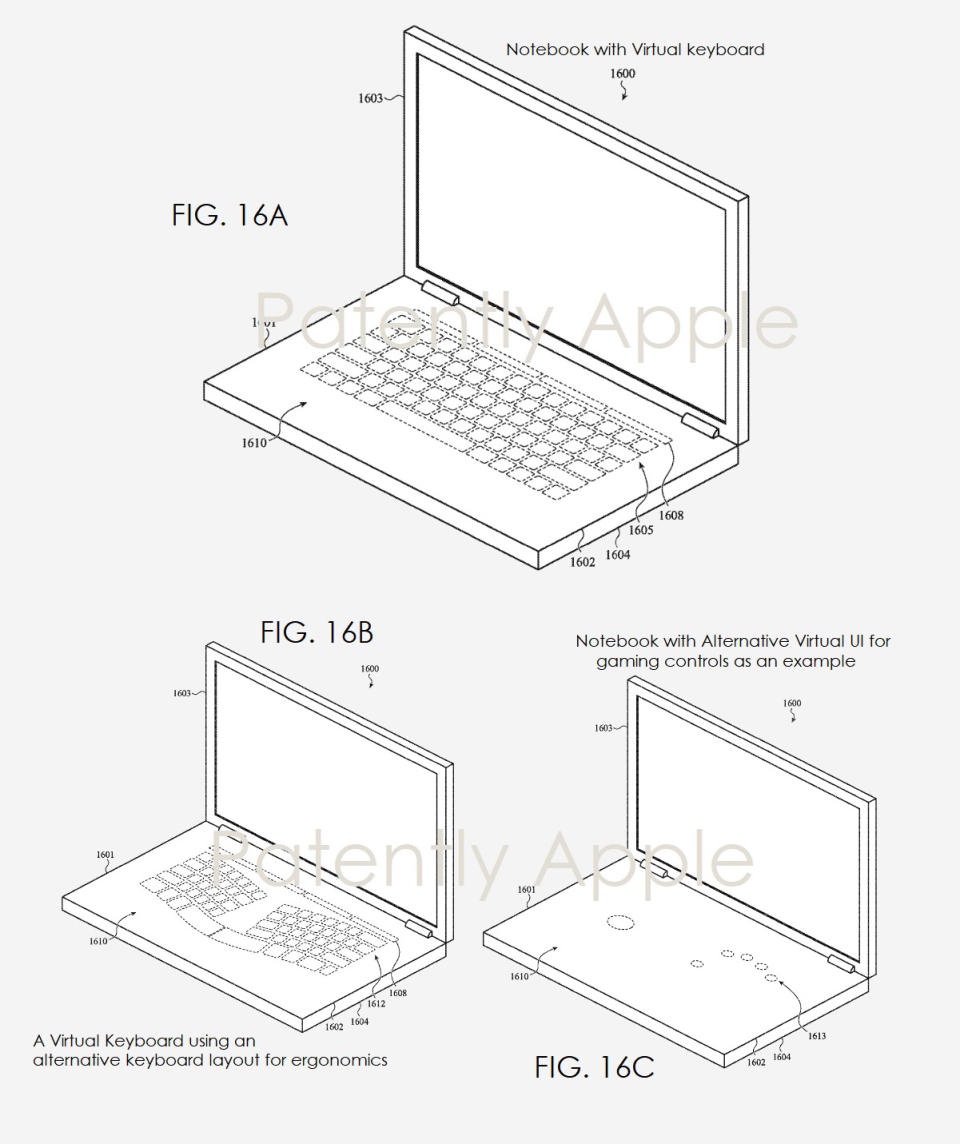 這項專利令Macbook的鍵盤變為一個平面，由用戶自訂按鍵形式和位置。（Patently Apple）