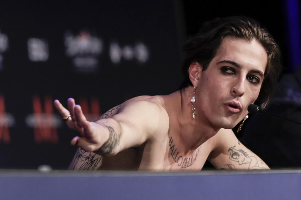 Damiano David responds to questions at the press conference after his band Maneskin from Italy won the Grand Final of the Eurovision Song Contest at Ahoy arena in Rotterdam, Netherlands, Saturday, May 22, 2021. (AP Photo/Peter Dejong)