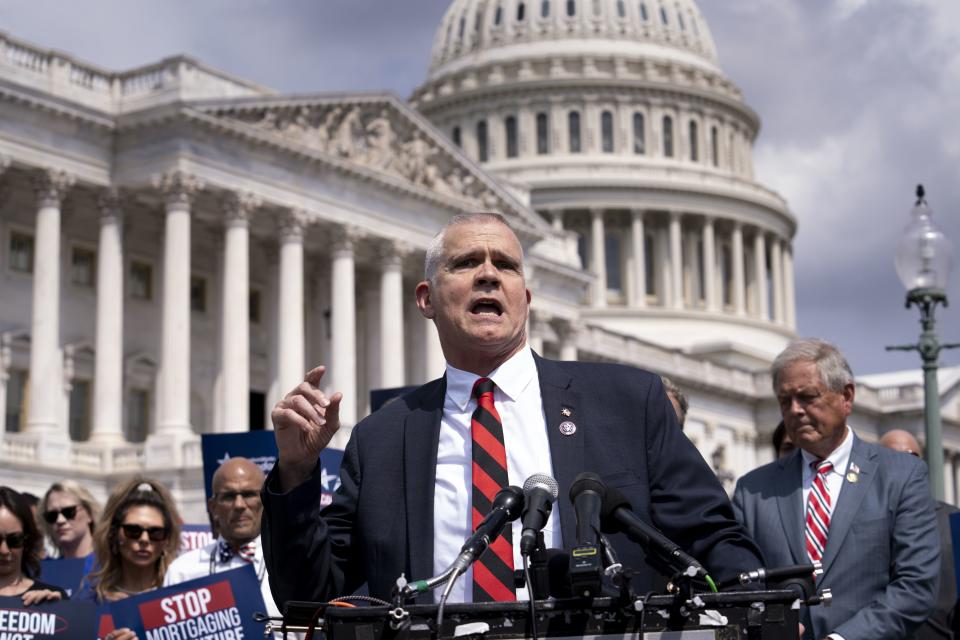 Rep. Matt Rosendale, R-Mont., and members of the conservative House Freedom Caucus denounce the fiscal year 2024 appropriations process as they decry so-called “woke” spending by Democrats and President Joe Biden, at the Capitol in Washington, Tuesday, July 25, 2023.