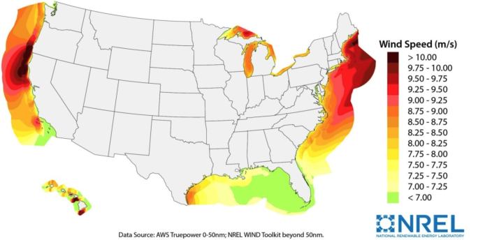 Velocità del vento offshore negli Stati Uniti