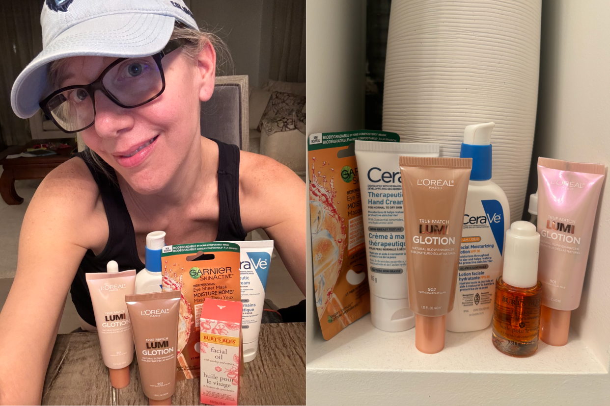 woman in late 40s wearing baseball cap with anti-aging beauty products in front of her, anti-aging beauty products, best anti-aging drugstore beauty products, Best drugstore anti-aging products, according to a 47-year-old (photos via author).