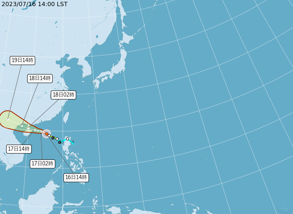 輕度颱風泰利16日下午2時的中心位置在北緯19.2度，東經115.3度，以每小時17公里速度，向西北西進行。（圖取自中央氣象局網站）
