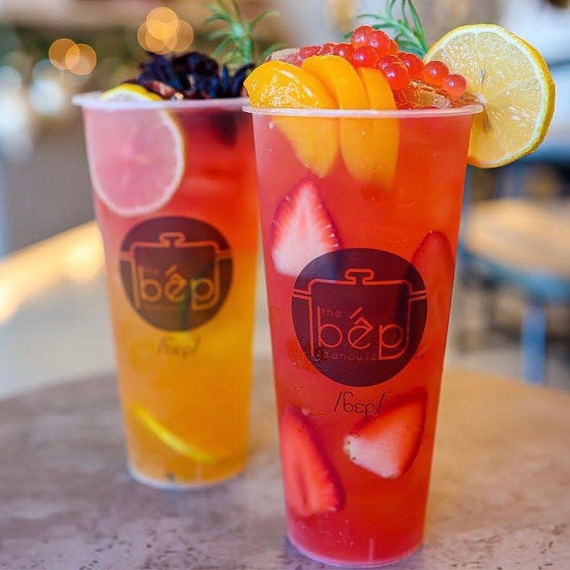 Organic fruit teas on the menu at The Bep Teahouse include the Jamaica Sunrise, made with hibiscus and passion fruit, and the Strawberry Cobbler, made with strawberry, peach and strawberry topping.