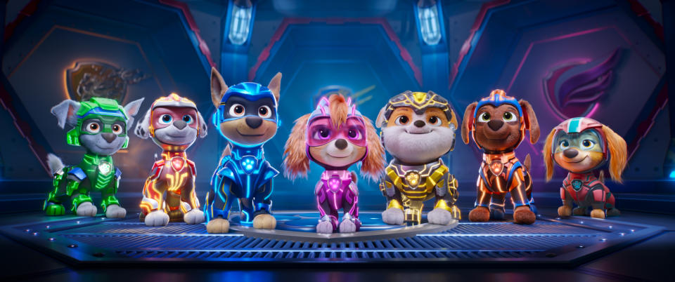 Callum Shoniker as Rocky, Christian Corrao as Marshall, Christian Convery as Chase, McKenna Grace as Skye, Luxton Handspiker as Rubble, Nylan Parthipan as Zuma, and Marsai Martin as Liberty in Paw Patrol: The Mighty Movie from Spin Master Entertainment, Nickelodeon Movies, and Paramount Pictures. (Elevation Pictures)