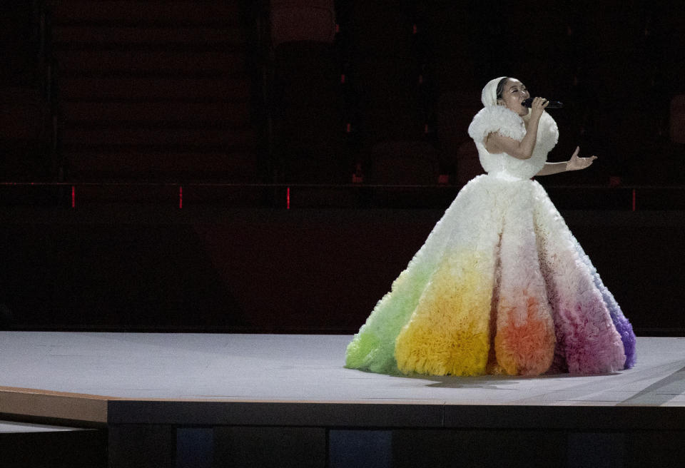 Japanese singer Misia sings the national anthem. - Credit: AP