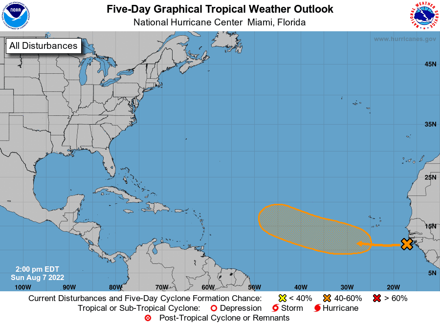 A graphic from the National Hurricane Center shows the position and expected track of a tropical wave that could become a tropical depression in coming days.