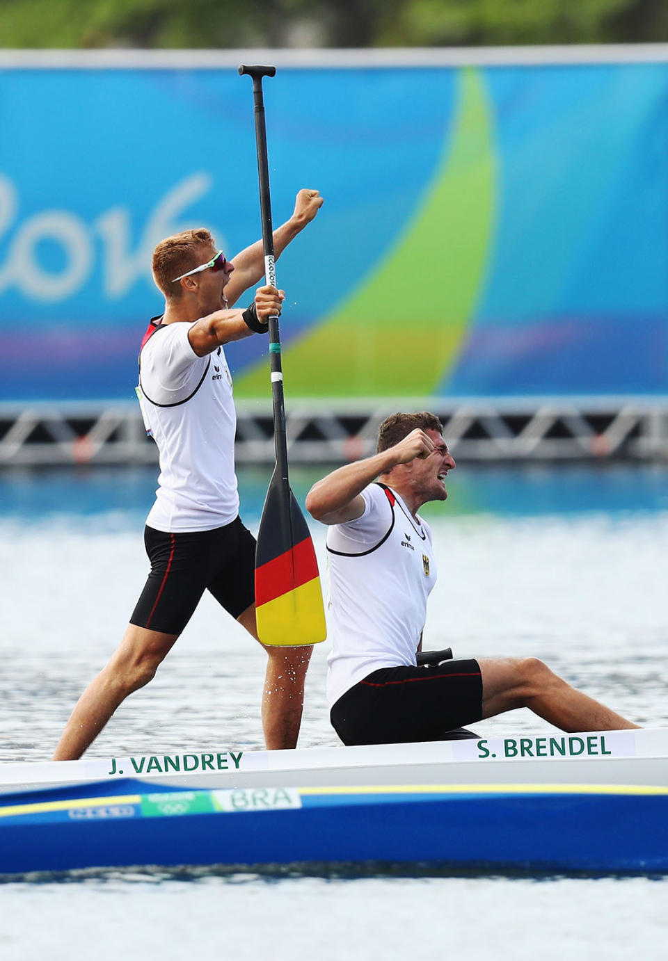 <p>Sebastian Brendel of Germany and Jan Vandrey of Germany celebrate winning the Men’s Canoe Double 1000m on Day 15 of the Rio 2016 Olympic Games at the Lagoa Stadium on August 20, 2016 in Rio de Janeiro, Brazil. (Photo by Ryan Pierse/Getty Images) </p>