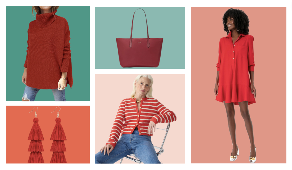 red items: sweater, tote, dress, cardigan, earrings