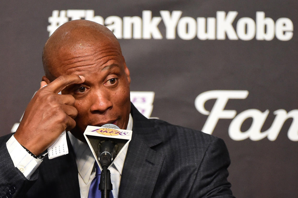 LOS ANGELES, CA - APRIL 13: Head coach Byron Scott of the Los Angeles Lakers addresses the media after the Lakers defeat the Utah Jazz 101-96 at Staples Center on April 13, 2016 in Los Angeles, California. NOTE TO USER: User expressly acknowledges and agrees that, by downloading and or using this photograph, User is consenting to the terms and conditions of the Getty Images License Agreement. Harry How/Getty Images/AFPLOS ANGELES, CA - APRIL 13: Head coach Byron Scott of the Los Angeles Lakers addresses the media after the Lakers defeat the Utah Jazz 101-96 at Staples Center on April 13, 2016 in Los Angeles, California. NOTE TO USER: User expressly acknowledges and agrees that, by downloading and or using this photograph, User is consenting to the terms and conditions of the Getty Images License Agreement. Harry How/Getty Images/AFP (AFP Photo/Harry How)