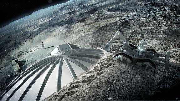 Constructing the first lunar base with space-ready 3D concrete printers