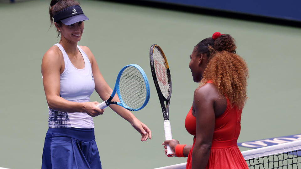 Serena Williams and Tsvetana Pironkova, pictured here after their US Open quarter-final match.