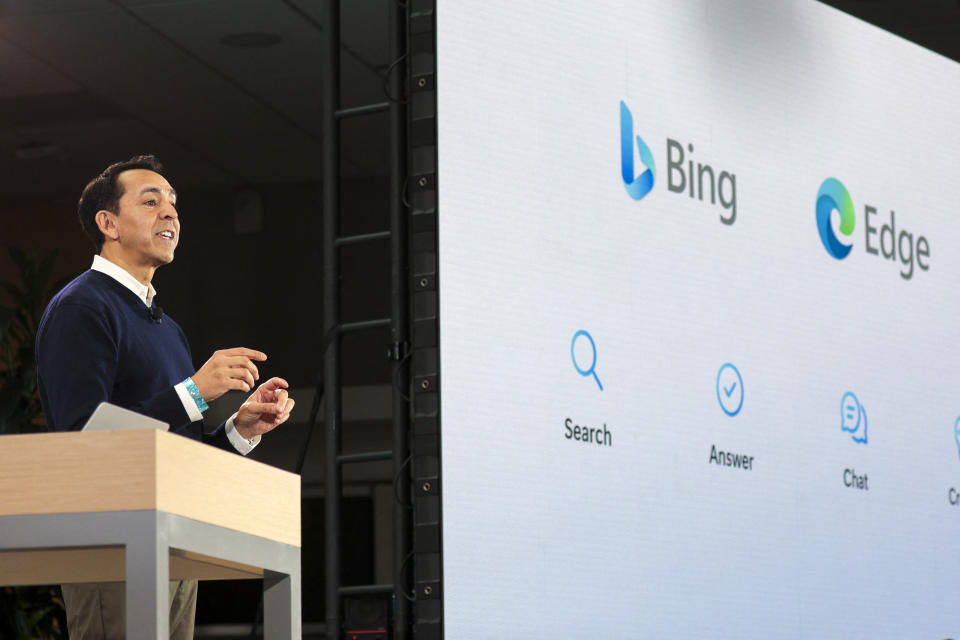 Yusuf Mehdi, Microsoft Corporate Vice President of Modern Life, Search, and Devices, speaks during a keynote address announcing ChatGPT integration for Bing at Microsoft in Redmond, Washington, on February 7, 2023. - Microsoft&#39;s long-struggling Bing search engine will integrate the powerful capabilities of language-based artificial intelligence, CEO Satya Nadella said, declaring what he called a new era for online search. (Photo by Jason Redmond / AFP) (Photo by JASON REDMOND/AFP via Getty Images)