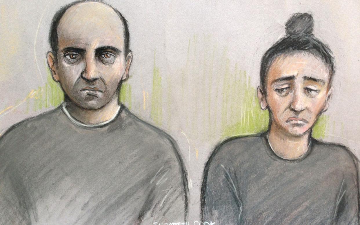 Court artist sketch by Elizabeth Cook of Ouissem Medouni (left), 40, and his partner Sabrina Kouider, 34, appearing at the Old Bailey in London - PA