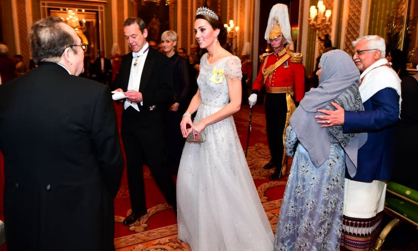 The Duchess of Cambridge wore the Lover’s Knot tiara at the queen’s annual diplomatic corps reception. (Photo: PA)