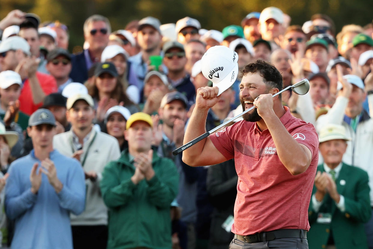 Jon Rahm of Spain celebrates on the 18th green after winning the 2023 Masters Tournament on April 09, 2023 in Augusta, Georgia. (Christian Petersen / Getty Images)