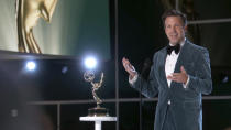 In this video grab issued Sunday, Sept. 19, 2021, by the Television Academy, Jason Sudeikis accepts the award for outstanding lead actor in a comedy series for "Ted Lasso" during the Primetime Emmy Awards. (Television Academy via AP)