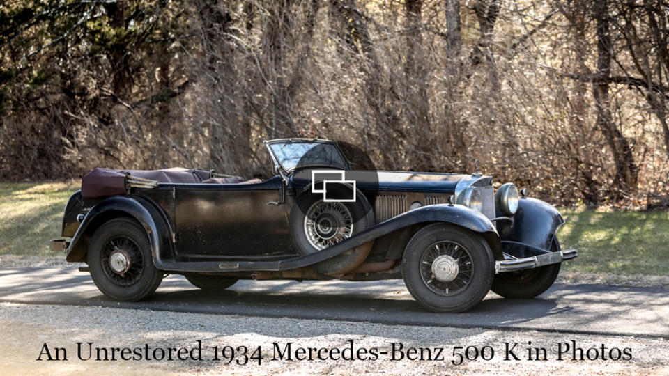 An unrestored 1934 Mercedes-Benz 500 K Offener Tourenwagen.