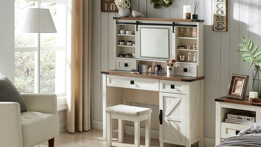 farmhouse style makeup vanity in white with sliding mirror