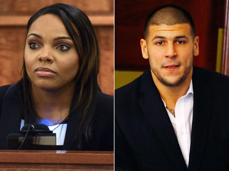 Shayanna Jenkins and Aaron Hernandez | Ted Fitzgerald/Boston Herald/AP; Jared Wickerham/Getty