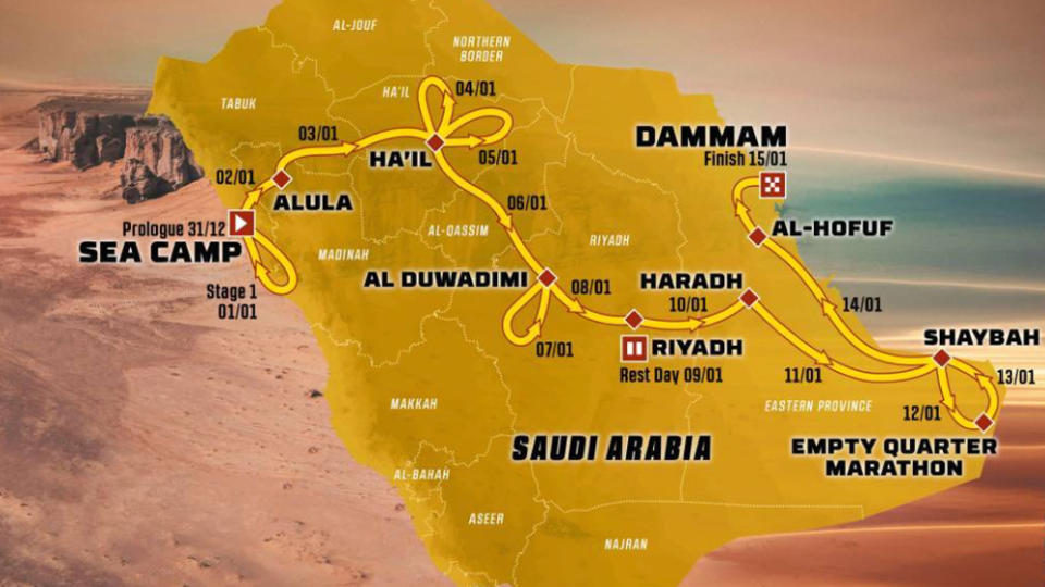 The 2023 Dakar Rally's roughly 5,000-mile course through Saudi Arabia.