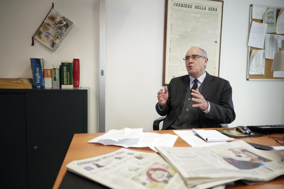 Corriere della Sera journalist Massimo Franco talks during an interview with The Associated Press, in Rome, Wednesday, Feb. 13, 2019. Italian newspaper Corriere della Sera reported that Pope Francis has written a letter to Venezuelan President Nicolas Maduro indicating conditions aren't ripe for the Vatican to step in and help mediate in the country's political crisis. (AP Photo/Andrew Medichini)